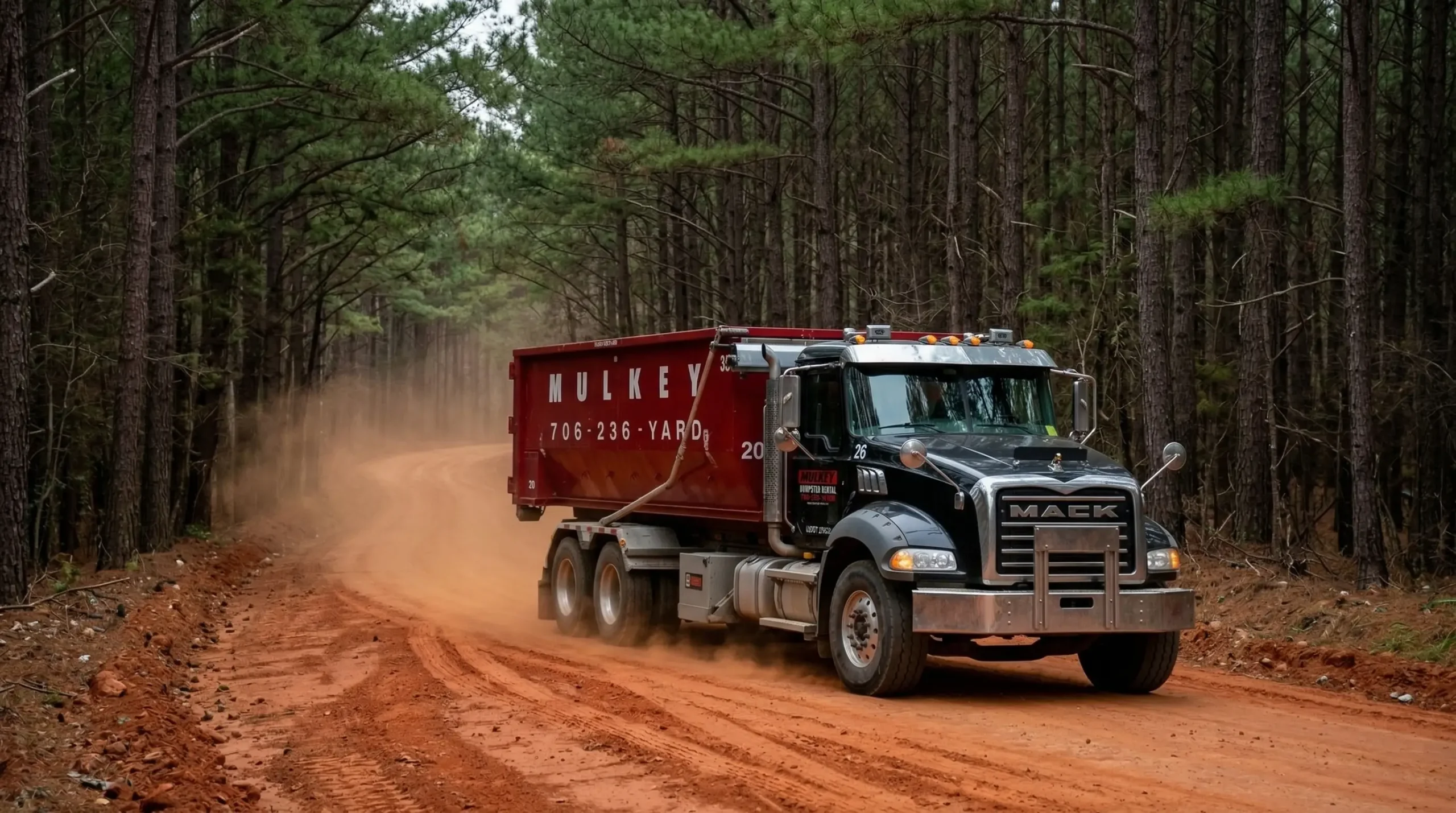 Mulkey Dumpster Rental truck on red clay construction road Northwest Georgia