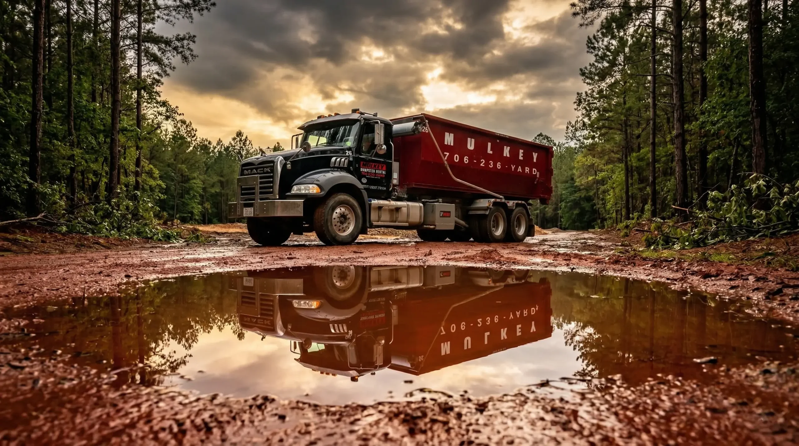 Mulkey Dumpster Rental truck reflection puddle post rain red clay road Georgia