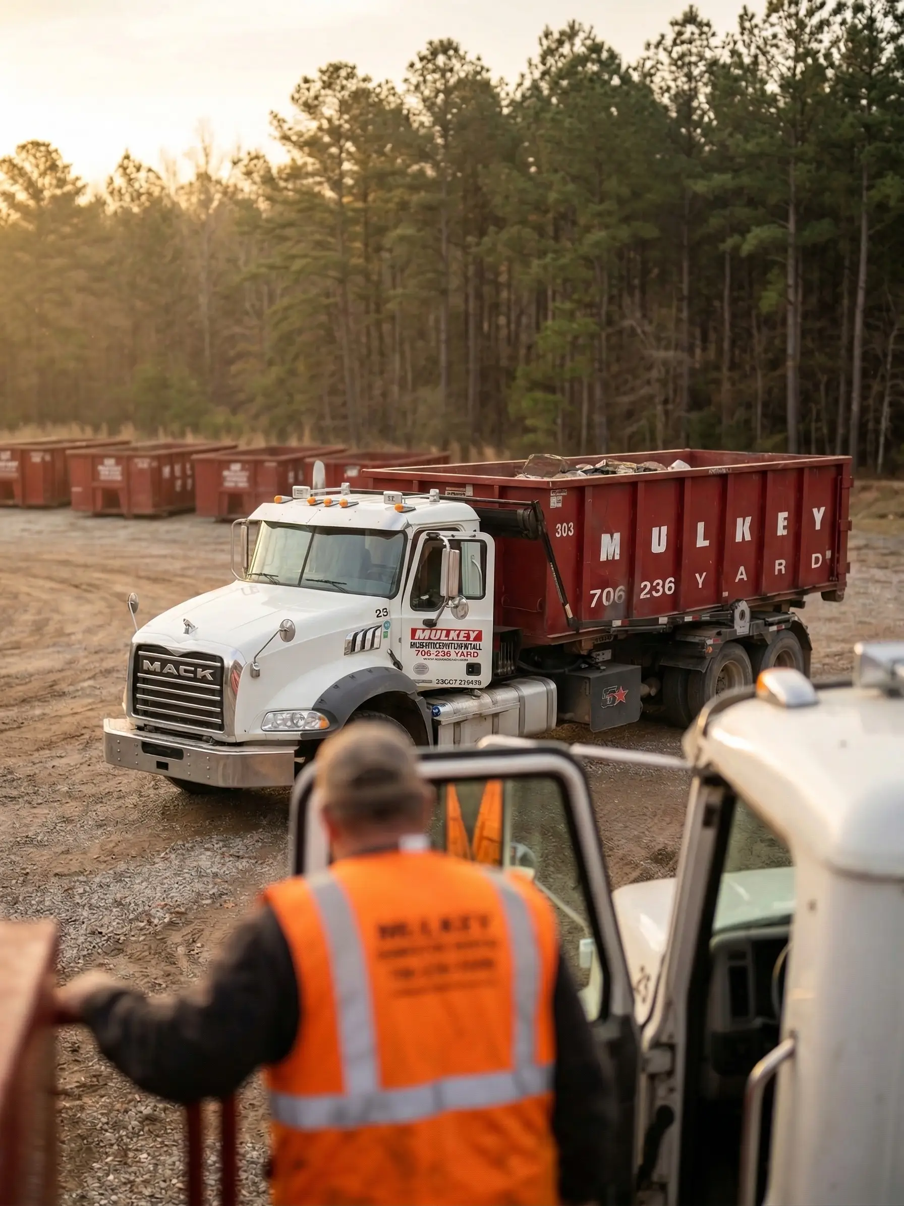 Mulkey Dumpster Rental driver overlooking dumpster delivery job site Georgia